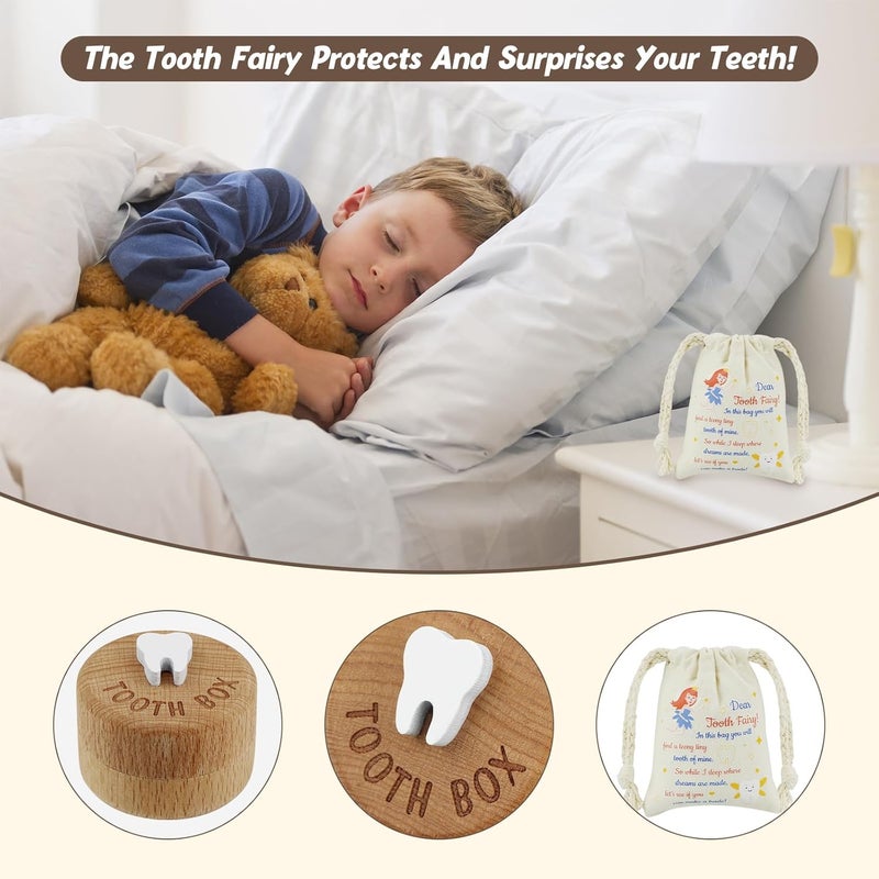 freespace Tooth Fairy Box 3D Carved Wooden Box Souvenir Dropped Tooth Keepsake Storage Box Gift for Boy or Girl (with tooth fairy bag) - Image 5
